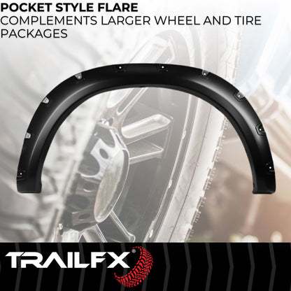 Black smooth polypropylene fender flare with mounting hardware from TrailFX part number TFD3006S