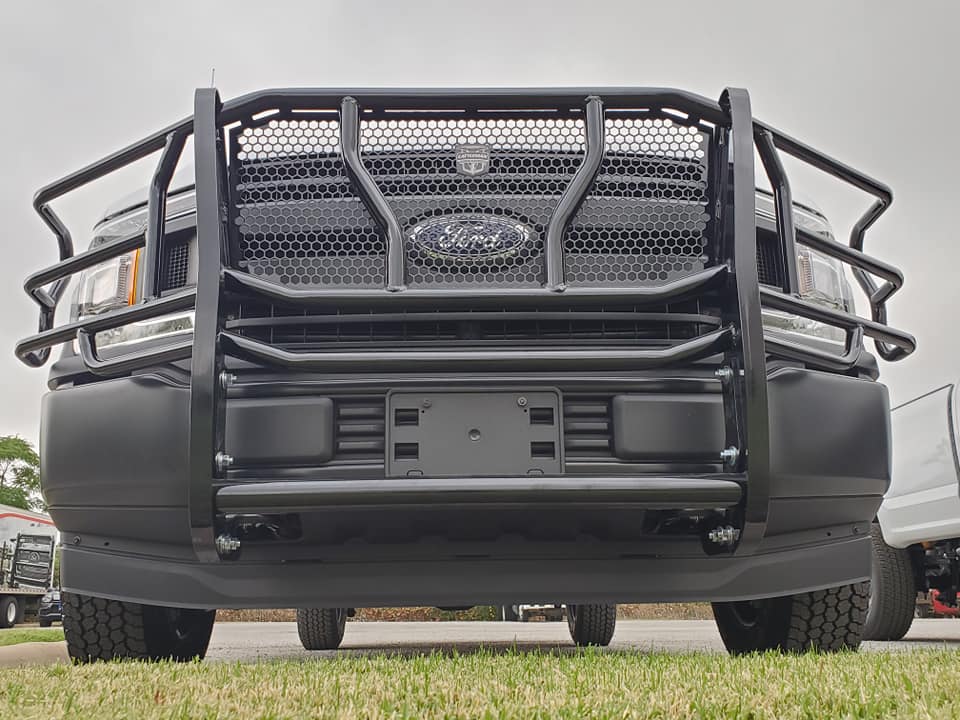 Black powder coated steel grille guard with mounting hardware from Cattleman HD part number 1307P